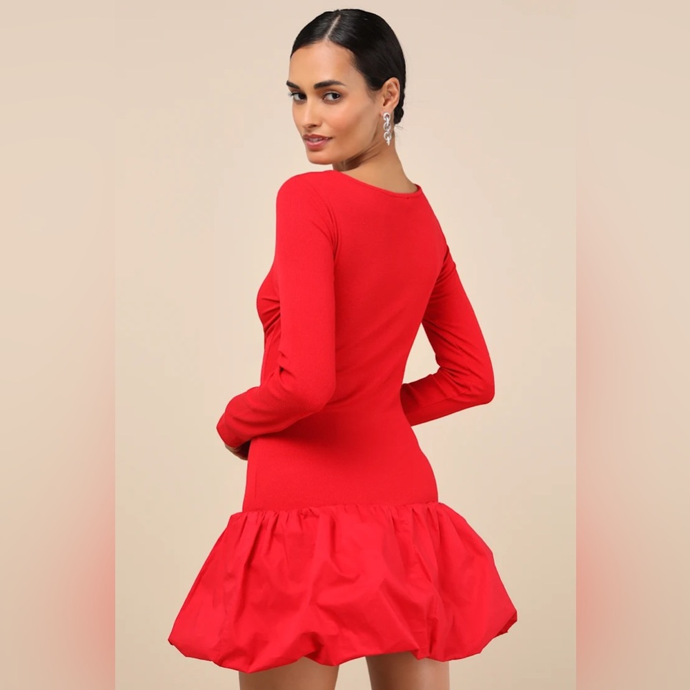 Lulus Ideal Approach Red Long Sleeve Mini Dress Bubble Hem NWT Size Large